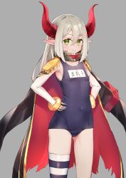 Rule 34 | 1girl, absurdres, blush, breasts, closed mouth, commentary request, covered navel, demon girl, demon horns, elbow gloves, emma august, epaulettes, gloves, green eyes, grey background, hair between eyes, highres, horns, jacket, jacket on shoulders, kirigirisu1221, long hair, looking at viewer, nijisanji, one-piece swimsuit, pointy ears, red horns, school swimsuit, simple background, single thighhigh, small breasts, smile, solo, standing, striped clothes, striped thighhighs, swimsuit, thighhighs, virtual youtuber, white gloves, white hair