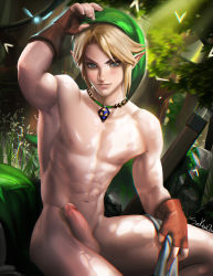 Rule 34 | 1boy, armpits, blonde hair, blue eyes, erection, fingerless gloves, forest, gloves, green hat, hat, highres, jewelry, leaf, link, male focus, nature, navel, nintendo, nude, parted lips, pendant, penis, pointy ears, sakimichan, sitting, solo, the legend of zelda, toned, uncensored, watermark