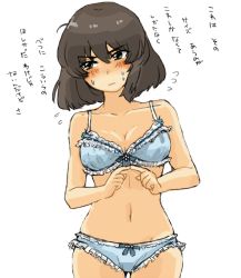 Rule 34 | 10s, 1girl, blue bra, blue panties, blush, bow, bow bra, bow panties, bra, breasts, brown hair, cleavage, collarbone, cowboy shot, embarrassed, fingers together, flying sweatdrops, frilled bra, frilled panties, frills, girls und panzer, green eyes, hoshino (girls und panzer), index fingers together, light frown, looking away, navel, oimo mushi, panties, short hair, simple background, solo, standing, sweatdrop, translated, underwear, underwear only, white background