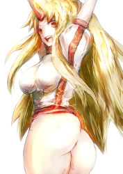 Rule 34 | 1girl, arm up, ass, bad anatomy, bad id, bad pixiv id, blonde hair, bottomless, breasts, female focus, horns, hoshiguma yuugi, large breasts, long hair, looking back, open mouth, ouchu (toustar), red eyes, single horn, smile, solo, star (symbol), touhou