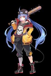Rule 34 | 1girl, ahoge, alternate costume, bad id, bad pixiv id, bandages, baseball bat, belt, black background, black pants, blue hair, blowing bubbles, chain, chewing gum, contemporary, epic seven, full body, hand in pocket, heart, heart necklace, highres, jacket, jewelry, leg wrap, long hair, long sleeves, nail, nail bat, necklace, over shoulder, paint, pants, pigat, ravi (epic seven), red eyes, shirt, simple background, solo, standing, t-shirt, tail, twintails, very long hair, yellow jacket