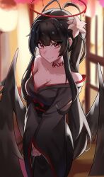 Rule 34 | 1girl, absurdres, alternate costume, antenna hair, black hair, black kimono, black wings, blood halo, blue archive, breasts, choker, cleavage, flower, hair flower, hair ornament, halo, highres, hotu1122, japanese clothes, kimono, large breasts, long hair, looking at viewer, low wings, own hands together, red choker, red eyes, red halo, sidelocks, smile, solo, tsurugi (blue archive), wings
