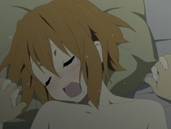 Rule 34 | 1girl, alternate hairstyle, bare shoulders, bed, blush, brown hair, drooling, closed eyes, hair down, holding hands, implied sex, k-on!, kuma motoko, lying, non-web source, open mouth, pillow, pov, round teeth, saliva, sexually suggestive, short hair, solo focus, sweat, tainaka ritsu, tears, teeth