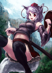 Rule 34 | 1girl, alternate color, animal ears, bad id, bad pixiv id, bare shoulders, black thighhighs, detached sleeves, female focus, inubashiri momiji, midriff, red eyes, scabbard, sheath, sheathed, shield, short hair, silver hair, skirt, solo, sword, tail, thighhighs, touhou, weapon, wolf ears, wolf tail, yagi (sinnsyou)