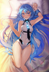Rule 34 | 1girl, black necktie, blue eyes, blue hair, blush, breasts, d:, daika!!, gluteal fold, hair flaps, hands up, highres, indie virtual youtuber, laena lapis, lens flare, leotard, long hair, looking at viewer, lying, medium breasts, necktie, on back, open mouth, solo, thigh gap, very long hair, virtual youtuber, white leotard