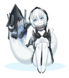 Rule 34 | 10s, 1girl, abyssal ship, backpack, bag, cannon, grin, highres, hood, kantai collection, long sleeves, pale skin, purple eyes, re-class battleship, sakais3211, scarf, short hair, silver hair, sitting, smile, solo, tail, teeth, turret, weapon, white background
