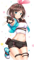 Rule 34 | 1girl, aqua footwear, armpits, belt, belt pouch, black gloves, black shorts, blue eyes, blue jacket, blush, breasts, brown hair, closed mouth, crop top, cropped jacket, fingerless gloves, foreshortening, gloves, hairband, headphones, headphones around neck, heart, highres, jacket, kizuna ai, kizuna ai (a.i. games), kizuna ai inc., leg belt, leg up, looking at viewer, medium breasts, midriff, multicolored hair, navel, official alternate costume, open clothes, open jacket, pink hair, pink hairband, pouch, shoes, short hair, short shorts, shorts, sidelocks, smile, solo, standing, standing on one leg, stomach, streaked hair, thigh strap, thighs, virtual youtuber, white background, yuano