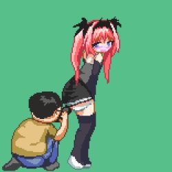 Rule 34 | 1boy, 1girl, animated, animated gif, ass, ass shake, bare shoulders, black gloves, blush, camera, closed eyes, clothes lift, damage yuka no ur de, elbow gloves, female ejaculation, gloves, lifting another&#039;s clothes, long hair, looking back, lowres, on one knee, open mouth, panties, pants, panty pull, pixel art, pussy juice, shirt, skirt, skirt lift, standing, underwear, white panties