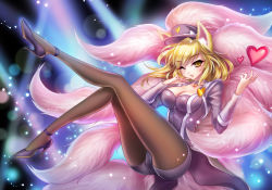 Rule 34 | 1girl, ;d, ahri (league of legends), alternate color, alternate costume, alternate hair color, animal ears, black pantyhose, blonde hair, bow, breasts, cameltoe, choker, cleavage, cosplay, fox ears, fox tail, from side, full body, girls&#039; generation, glowing, hand on own chin, happy, hat, hat bow, heart, high heels, jacket, knee up, large breasts, league of legends, leg up, legs, pantyhose under shorts, lens flare, light particles, lights, long hair, looking at viewer, multiple tails, one eye closed, open clothes, open jacket, open mouth, pantyhose, peaked cap, popstar ahri, purple heels, s-yin, shoes, short shorts, shorts, sitting, smile, solo, stiletto heels, tail, wink, yellow eyes, zipper