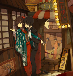 Rule 34 | 1boy, 1girl, against wall, architecture, black hair, brown eyes, brown hair, city, couple, east asian architecture, gakuran, gloves, hair ribbon, hetero, holding another&#039;s wrist, japanese clothes, kimono, loo, looking away, original, outdoors, ribbon, scenery, school uniform, short hair, sign, white gloves