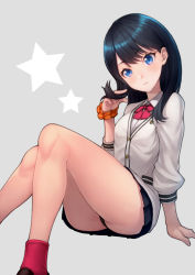 Rule 34 | 10s, 1girl, ass, bad id, bad pixiv id, black hair, black skirt, blue eyes, blush, bow, closed mouth, grey background, gridman universe, holding, holding own hair, kyoeiki, legs, long hair, long sleeves, looking at viewer, pleated skirt, red neckwear, school uniform, scrunchie, simple background, sitting, skirt, solo, ssss.gridman, star (symbol), sweater, swept bangs, takarada rikka, thighs, white sweater, wrist scrunchie