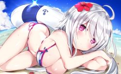 Rule 34 | 1girl, a (phrase), ahoge, anchor symbol, arched back, bare shoulders, beach, bikini, blue sky, breasts, cleavage, commentary request, day, fisheye, flower, gluteal fold, hair flower, hair ornament, hibiscus, highres, innertube, kamioka shun&#039;ya, large breasts, long hair, looking at viewer, lying, navel, on side, original, outdoors, pink eyes, shiny skin, side-tie bikini bottom, silver hair, sky, solo, striped bikini, striped clothes, swim ring, swimsuit, thigh gap