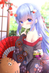 Rule 34 | 1girl, animal, black kimono, blue eyes, blue hair, blurry, blurry background, blurry foreground, blush, branch, chinese zodiac, closed mouth, commentary request, day, depth of field, finger to mouth, floral print, flower, gochuumon wa usagi desu ka?, hair between eyes, hair ornament, hairclip, highres, index finger raised, japanese clothes, kafuu chino, kimono, kouda suzu, long hair, long sleeves, looking at viewer, looking to the side, obi, off shoulder, oil-paper umbrella, pig, print kimono, rabbit hair ornament, red flower, red umbrella, sash, sleeves past wrists, smile, solo, tippy (gochiusa), umbrella, very long hair, x hair ornament, year of the pig