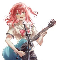 Rule 34 | 1girl, black skirt, bocchi the rock!, electric guitar, green eyes, guitar, hair between eyes, highres, holding, holding instrument, instrument, kita ikuyo, long hair, microphone, microphone stand, music, one side up, open mouth, playing instrument, pleated skirt, red hair, sailor collar, school uniform, short sleeves, simple background, skirt, solo, upper body, white background, zuzu (wckd7545)