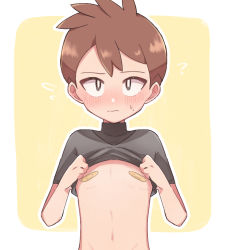 Rule 34 | 1boy, bandaid, bandaids on nipples, blush, border, bright pupils, brown eyes, brown hair, closed mouth, clothes lift, commentary request, creatures (company), flying sweatdrops, game freak, hachi (hachi sin), lifted by self, male focus, nintendo, outline, pasties, pokemon, pokemon lgpe, shirt lift, short hair, solo, sweat, trace (pokemon), upper body, white border, white pupils, yellow background
