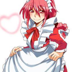 Rule 34 | 1girl, alternate costume, blush, braid, eitaisa, heart, maid, maid headdress, okazaki yumemi, red eyes, red hair, solo, touhou, touhou (pc-98)