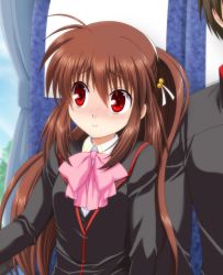 Rule 34 | 1boy, 1girl, black jacket, blazer, brother and sister, brown hair, bus interior, commentary request, highres, ikeda jun (aquaqua), jacket, little busters!, long hair, looking to the side, natsume rin, pink neckwear, ponytail, red eyes, school uniform, siblings, sitting, solo focus, upper body, window