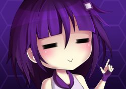 Rule 34 | 1girl, :&gt;, = =, chibi, cosplay, hair ornament, karla featherstone, official art, purple hair, smile, solo, unhack, vinty, without within