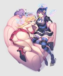 Rule 34 | 2girls, absurdres, ass, bangle, black dress, black footwear, blonde hair, blue eyes, blue hair, blue ribbon, blunt bangs, bracelet, breasts, butt crack, candy, collared dress, couch, dress, earrings, finger to mouth, food, foreshortening, from above, gomashio ponz, grey background, hair between eyes, halo, hand up, high heels, highres, holding, holding candy, holding food, holding lollipop, hoop earrings, jewelry, kneepits, large breasts, lollipop, long hair, long sleeves, looking at viewer, looking back, medium breasts, multicolored hair, multiple girls, nail polish, naughty face, neck ribbon, open mouth, panties, panty &amp; stocking with garterbelt, panty (psg), panty pull, pink hair, pink panties, puffy sleeves, pulling own clothes, purple nails, raised eyebrows, red dress, red footwear, red nails, ribbon, siblings, side-tie panties, simple background, sisters, sitting, stocking (psg), striped clothes, striped legwear, striped thighhighs, stuffed animal, stuffed cat, stuffed toy, thighhighs, thighs, twitter username, two-tone hair, underwear