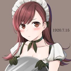 Rule 34 | 1girl, alternate costume, blush, breasts, brown background, brown eyes, brown hair, choker, cleavage, collarbone, dated, enmaided, gloves, green gloves, green neckwear, kantai collection, long hair, looking at viewer, maid, maid headdress, medium breasts, one-hour drawing challenge, ooi (kancolle), puffy short sleeves, puffy sleeves, short sleeves, simple background, solo, tray, upper body, yunamaro