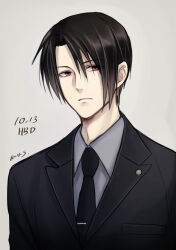 Rule 34 | 1boy, aged down, black hair, black jacket, black necktie, black suit, collared shirt, commentary request, dated, dirge of cerberus final fantasy vii, expressionless, final fantasy, final fantasy vii, formal, grey background, grey shirt, hiryuu (kana h), jacket, looking to the side, male focus, necktie, official alternate costume, official alternate hairstyle, red eyes, shirt, signature, simple background, solo, suit, suit jacket, upper body, vincent valentine