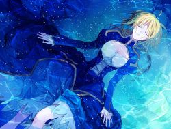 Rule 34 | 1girl, afloat, ahoge, alternate hairstyle, artoria pendragon (fate), ayu (auko2010), bad id, bad pixiv id, blonde hair, blue dress, braid, corset, dress, closed eyes, fate/zero, fate (series), hair down, juliet sleeves, long hair, long sleeves, lying, on back, parted lips, partially submerged, puffy sleeves, saber (fate), solo, water