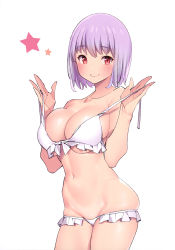 Rule 34 | 10s, 1girl, absurdres, artbook, bikini, blush, breasts, cleavage, collarbone, frilled bikini, frills, front-tie top, gridman universe, highres, large breasts, light purple hair, looking at viewer, navel, official art, popqn, red eyes, shinjou akane, short hair, simple background, smile, solo, ssss.gridman, star (symbol), swimsuit, underboob, undressing, untied bikini, white background, white bikini