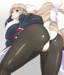 Rule 34 | 1girl, aoi kimi, ass, blush, bodysuit, breasts, brown hair, fingerless gloves, gloves, huge breasts, kumakichi (cost-lost), kyoukaisenjou no horizon, large breasts, long hair, pantyhose, purple eyes, smile, solo, very long hair