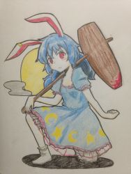 Rule 34 | &gt;:(, 1girl, animal ears, blue dress, blue hair, blush, closed mouth, commentary request, crescent, dress, earclip, efukei, frown, holding, kine, long hair, looking at viewer, mallet, no shoes, one-hour drawing challenge, on one knee, puffy short sleeves, puffy sleeves, rabbit ears, red eyes, seiran (touhou), short sleeves, socks, solo, stain, star (symbol), touhou, traditional media, v-shaped eyebrows, white socks