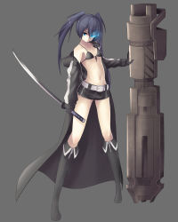 Rule 34 | 10s, 1girl, bikini, bikini top only, black hair, black rock shooter, black rock shooter (character), blue eyes, boots, cannon, gloves, glowing, glowing eye, glowing eyes, grey background, highres, lauqe, long hair, midriff, navel, reverse grip, scar, simple background, solo, swimsuit, sword, twintails, weapon
