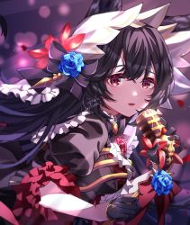 Rule 34 | 1girl, animal ears, black dress, black gloves, black hair, blue flower, blue rose, blurry, bokeh, breasts, depth of field, dress, erune, flower, frilled shirt collar, frills, from side, glint, gloves, granblue fantasy, half gloves, holding, holding microphone, long hair, looking at viewer, looking to the side, medium breasts, microphone, nier (granblue fantasy), open mouth, petals, puffy sleeves, raised eyebrows, red eyes, rose, solo, upper body, yoake