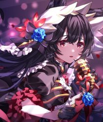 1girl animal_ears black_dress black_gloves black_hair blue_flower blue_rose blurry bokeh breasts depth_of_field dress erune flower frilled_shirt_collar frills from_side glint gloves granblue_fantasy half_gloves holding holding_microphone long_hair looking_at_viewer looking_to_the_side medium_breasts microphone nier_(granblue_fantasy) nier_(tormented_lover)_(granblue_fantasy) open_mouth petals puffy_sleeves raised_eyebrows red_eyes rose solo upper_body yoake_(yoakey)