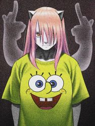 Rule 34 | 1girl, black background, bombsahoy, character print, closed mouth, elfen lied, grey background, highres, horns, long hair, looking at viewer, lucy (elfen lied), middle finger, orange eyes, pale skin, pink hair, serious, shirt, solo, spongebob squarepants, spongebob squarepants (series), t-shirt, upper body, yellow shirt