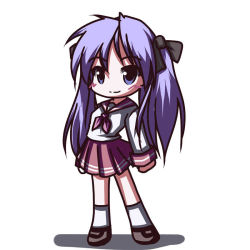 Rule 34 | 00s, 1girl, black ribbon, blue eyes, blush, blush stickers, closed mouth, fictional sister, full body, hair ribbon, hiiragi kagami, jpeg artifacts, kneehighs, light smile, loafers, long hair, long sleeves, looking at viewer, lucky star, miniskirt, neckerchief, pink hair, pink neckerchief, pleated skirt, purple hair, red skirt, ribbon, sailor collar, school uniform, serafuku, shirt, shoes, simple background, skirt, smile, socks, solo, standing, twintails, very long hair, white background, white shirt, white socks