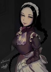 Rule 34 | 1girl, apron, ascot, black shirt, braid, breasts, colored skin, commission, fata morgana no yakata, forehead, giselle (fata morgana no yakata), green eyes, half-closed eyes, indoors, juliet sleeves, large breasts, long hair, long sleeves, looking at viewer, maid, maid headdress, puffy sleeves, shirt, signature, single braid, skeb commission, smile, solo, solopipb, very long hair, waist apron, white apron, white ascot, white skin
