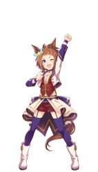 Rule 34 | 1girl, ;d, animal ears, arm up, biko pegasus (umamusume), blue eyes, boots, brown hair, clenched hand, full body, highres, horse ears, horse girl, horse tail, jacket, looking at viewer, official art, one eye closed, open mouth, purple thighhighs, red shorts, short hair, shorts, simple background, smile, solo, starting future (umamusume), tail, thigh strap, thighhighs, transparent background, umamusume, white footwear, white jacket