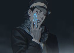 Rule 34 | 1boy, black eyes, black hair, blood, blue blood, buttons, colored blood, facial scar, golden kamuy, hat, imperial japanese army, kepi, licking, licking finger, looking at viewer, male focus, military hat, scar, scar on cheek, scar on face, scar on nose, scarf, short hair, simple background, solo, spiked hair, spot color, sugimoto saichi, upper body, veins, w55674570w