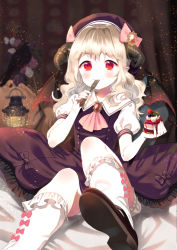 Rule 34 | 1girl, animal, bad id, bad pixiv id, bird, black dress, blonde hair, bloomers, blush, bow, closed mouth, commentary, curly hair, demon wings, dress, fang, food, fork, frilled socks, frills, furururu, hat, highres, holding, holding food, holding fork, horns, indoors, jewelry, kneehighs, lamp, light particles, looking at viewer, original, pink bow, puffy short sleeves, puffy sleeves, red eyes, ribbon-trimmed legwear, ribbon trim, shoes, short sleeves, sitting, smile, socks, solo, underwear, utensil in mouth, white bloomers, white socks, wings