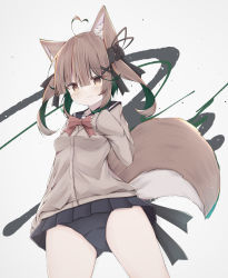 Rule 34 | 1girl, ahoge, animal ear fluff, animal ears, bad id, bad pixiv id, black one-piece swimsuit, black sailor collar, black skirt, blush, bow, breasts, brown cardigan, brown hair, cardigan, closed mouth, commentary request, fang, fang out, green hair, grey background, hand up, heart, heart ahoge, highres, long sleeves, looking at viewer, multicolored hair, one-piece swimsuit, original, pleated skirt, red bow, risu (ritharte), sailor collar, school swimsuit, school uniform, serafuku, skirt, sleeves past wrists, small breasts, smile, solo, swimsuit, swimsuit under clothes, tail, twintails, two-tone hair