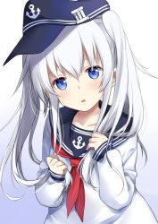 Rule 34 | 1girl, alternate hairstyle, black hat, black sailor collar, blue eyes, commentary request, flat cap, gradient background, hair between eyes, hat, hibiki (kancolle), highres, kantai collection, long hair, long sleeves, motohara moka, neckerchief, open mouth, red neckerchief, sailor collar, school uniform, serafuku, silver hair, solo, twintails