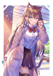 Rule 34 | 1girl, absurdres, animal ear fluff, animal ears, arm behind back, artist name, beige coat, bench, black skirt, black thighhighs, blouse, blue eyes, blue sky, blush, bow, breasts, brick wall, brown hair, buttons, cat ears, cat girl, cat tail, coat, collared shirt, cowboy shot, crossed bangs, earrings, frilled shirt, frills, hair between eyes, hair ornament, hairclip, hand in own hair, highres, holding, holding phone, jewelry, long hair, long sleeves, looking at viewer, medium breasts, miniskirt, nail polish, open mouth, original, outdoors, parted lips, petals, phone, pleated skirt, pocket, red bow, red nails, shan far, shirt, shirt tucked in, skirt, sky, smile, solo, tail, thighhighs, white shirt