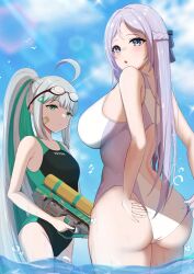Rule 34 | 2girls, absurdres, ass, blue eyes, blue sky, competition swimsuit, epinel (nikke), folkwang (nikke), from behind, goddess of victory: nikke, green eyes, grey hair, hand under clothes, highres, holding, holding water gun, kana (wucz8478), long hair, multicolored hair, multiple girls, one-piece swimsuit, purple hair, ribbon, sky, swimsuit, water gun