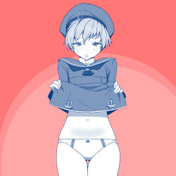 Rule 34 | 10s, 1girl, blush, bow, bow panties, clothes lift, clothes writing, cowboy shot, dress, dress lift, eyelashes, hat, kantai collection, looking at viewer, monochrome, navel, neckerchief, panties, sailor dress, short hair, simple background, sleeves past wrists, solo, tocky, underwear, z1 leberecht maass (kancolle)