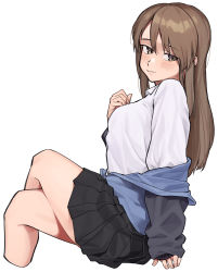 Rule 34 | 1girl, bad id, bad pixiv id, blue jacket, blue skirt, blush, brown eyes, brown hair, closed mouth, clothes pull, cropped legs, crossed legs, dress shirt, frown, girls und panzer, half-closed eyes, hand on own chest, highres, jacket, jacket pull, keizoku military uniform, leaning back, long hair, long sleeves, looking at viewer, mika (girls und panzer), military, military uniform, miniskirt, no headwear, pleated skirt, raglan sleeves, roivas, shirt, simple background, sitting, skirt, solo, track jacket, uniform, white background, white shirt
