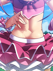 Rule 34 | 10s, 2girls, ass, back, bow, close-up, crop top, cure melody, cure rhythm, day, dimples of venus, frills, from behind, head out of frame, houjou hibiki, long hair, magical girl, midriff, minamino kanade, multiple girls, outdoors, pink bow, pink hair, precure, skirt, suite precure, sweat, tasaka shinnosuke, trembling