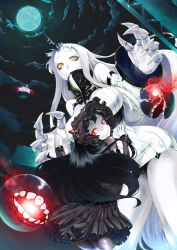 Rule 34 | 10s, 2girls, abyssal ship, bad id, bad pixiv id, black hair, breasts, dress, full moon, gothic lolita, horns, isolated island oni, kantai collection, large breasts, lolita fashion, long hair, looking at viewer, moon, multiple girls, pale skin, red eyes, ribbed dress, rosary (pixiv), rozario (akai rosario), seaport princess, short dress, smile, thighs, white hair, yellow eyes