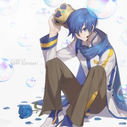 Rule 34 | 1boy, 1c3ink3tk4n, ;), between legs, blue eyes, blue flower, blue hair, blue rose, closed mouth, coat, crown, dated, flower, grey pants, hair between eyes, hand between legs, happy birthday, headset, kaito (vocaloid), long sleeves, male focus, microphone, one eye closed, pants, petals, rose, short hair, sitting, smile, solo, vocaloid, white background, white coat