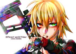 Rule 34 | 1girl, absurdres, bandaged hand, bandaged neck, bandages, black hoodie, blonde hair, blood, bloody tears, cafe no zombi-ko, cafe no zombi-ko (2nd costume), character name, commentary request, english text, green eyes, gun, handgun, heterochromia, highres, holding, holding gun, holding weapon, hood, hoodie, long sleeves, looking at viewer, parted lips, project upd8, red eyes, shin (ultramarine430), short hair, solo, upper body, virtual youtuber, weapon, white background