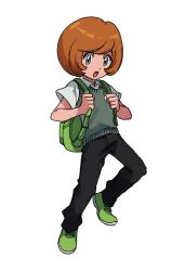 Rule 34 | 1boy, :o, backpack, bag, black pants, brown hair, collared shirt, commentary request, creatures (company), elizabeth (tomas21), full body, game freak, green bag, green footwear, grey eyes, highres, holding strap, looking down, male focus, nintendo, pants, pokemon, pokemon xy, shirt, shoes, short hair, short sleeves, simple background, solo, sweater vest, trevor (pokemon), white background