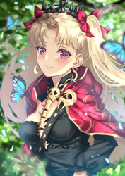 Rule 34 | 1girl, animal, black dress, blonde hair, blurry, blurry background, blush, bow, breasts, bug, butterfly, cape, closed mouth, commentary request, detached sleeves, dress, earrings, ereshkigal (fate), fate/grand order, fate (series), hair bow, infinity symbol, insect, jewelry, long hair, long sleeves, looking at viewer, medium breasts, mishiro (ixtlolton), parted bangs, red bow, red cape, red eyes, skull, smile, solo, spine, tiara, two side up, upper body, very long hair
